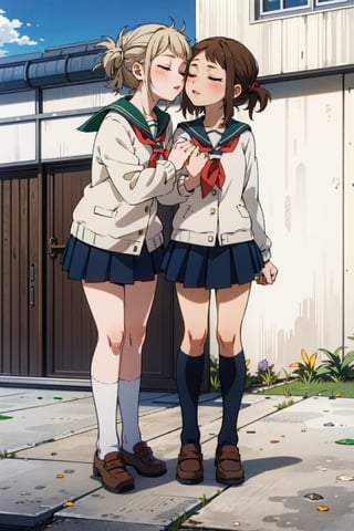 highly detailed, high quality, beautiful,(full body), 2 girls, Himiko Toga, Ochako Urarako, kiss, love, closed eyes, Background: In front of the school, Friends in the background, school uniform, teenagers.