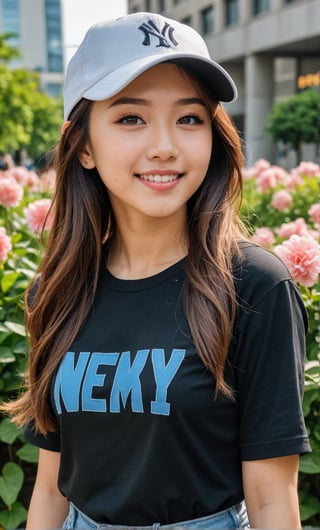 arafed woman with long hair wearing a baseball cap and black shirt, pokimane, korean girl, dang my linh, nivanh chanthara, lalisa manobal, (detail skin:1.2), asian girl with long hair, 1 8 yo, with long hair, xintong chen, anime thai girl, cindy avelino, smile,19-year-old girl, city the background, scenery, full_body, hyper realistic, real life,  long hair with a flower garden background, standing on pose, detail fingers, perfect hands, realistic, HD quality, 8 k,