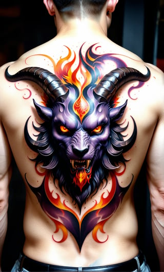 Generate hyper realistic tattoo on a man's back with a humanoid creature with the head of a hellish demon goat, featuring large, curved horns. The horns are intricately detailed and are highlighted with a glowing red flame that emanates from the top of its head.The creature has a muscular build and is adorned with dark, ornate armor or decorative elements. The chest area has a complex design, possibly a sigil or symbol, with intricate patterns.The overall color palette is dominated by shades of deep red and black, enhancing the ominous and mystical atmosphere of the image. The purple flame adds a supernatural element to the depiction.,FuturEvoLabTattoo