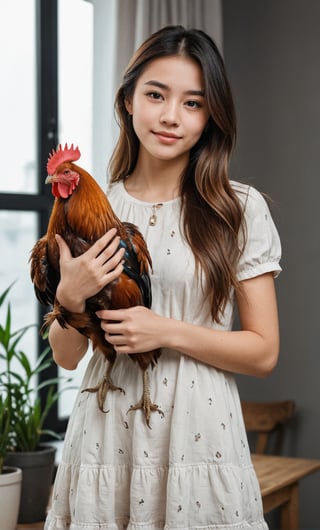 a beautiful girl wearing a casual dress is holding a rooster, long hair with a home page background, standing pose, realistic, HD quality, 8 k,