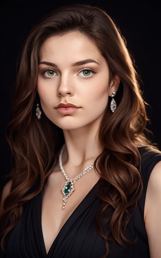 score_9,score_8_up,score_7_up, photorealistic, photography, 1girl,long hair,looking at viewer,brown hair,dress,jewelry,green eyes,earrings,necklace,mole,lips,black background,portrait,realistic