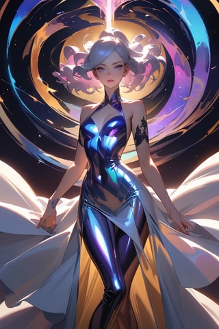 masterpiece, best quality, absurbres, very aesthetic, A woman wearing an iridescent dress, standing on a floating platform surrounded by swirling worlds and stars. Her dress shimmers and changes colors, reflecting the different worlds and galaxies around her. She has a serene and powerful aura, radiating light and magic. This piece is inspired by the work of artists like Hajime Sorayama, James Jean, and Syd Mead, niji6, UHD, 8k, illustration