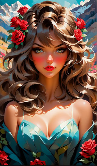 A vibrant portrait of a young woman, surrounded by elegant red roses, captivates the viewer's gaze as her eyes sparkle with passion. Radiant skin tones, achieved through palette knife techniques, blend seamlessly into the limitless background, where mountains meet alien landscapes in a kaleidoscope of colors. Bright hues dance across the canvas, infusing the artwork with an aura of happiness, joy, and love, reminiscent of Artgerm's style, while the textured brushstrokes evoke Starowieyski's kinetic energy and Malm's boldness.