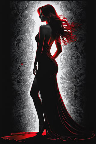Poster, close-up, Full body, Shadow art, red outline drawing on a dark black background, Red outline silhouette, flowing hair, silhouette of a beautiful young woman, 
perfect physique, slender graceful forms, charming modesty, perfection in a tight black silk dress, resolution 8k, Side view, Shadows, Mysterious,
style of Jean Baptiste Monge, Thomas Kinkade, David Palumbo, Carne Griffiths.