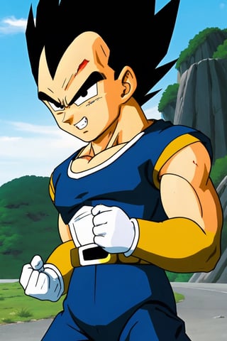 highly deteiled, high quiality,(medim long short)1 boy, solo, vegeta from dragon ball, supersayajin,fight,torn clothes, facial injuries, muscular, blu shirt,vegeta