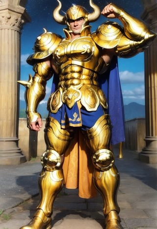 Handsome face, wearing a golden helmet of the Holy Cloth of Taurus, wearing the golden holy cloth of Taurus, standing, full body armor, Aludiba, 1 person, Taurus