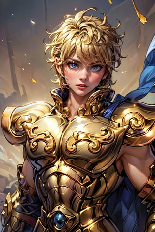 (Extremely detailed CG uniform 8k wallpaper, masterpiece, best quality, super detailed), male anime character wearing golden armor, 1boy, golden armor, male focus, handsome face, short blond wavy hair, armor, solo, leo armor , Trend Artstation, Fantasy00d,mature