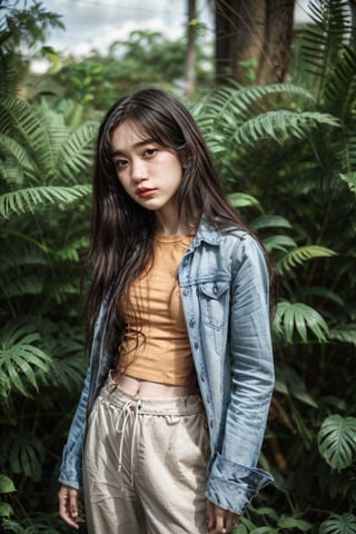 Honey,HoneyNwayOo,HanNiNwayOo,A young woman with long black hair, wearing a black shirt, a light blue denim jacket, and light blue pants with a bow, stands in front of a blurred background of green foliage. She looks directly at the camera with a calm and confident expression. The lighting is natural and soft, creating a warm and inviting atmosphere. The overall mood is one of relaxed elegance and understated beauty. 

[Photorealistic portrait, inspired by the work of Peter Lindbergh and Annie Leibovitz, with a touch of naturalism reminiscent of Steve McCurry], [Shallow depth of field, 50mm lens, natural lighting, soft shadows, muted color palette, subtle grain, textured background, realistic rendering]