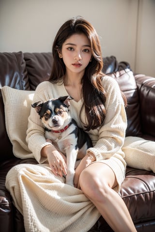 portrait of a girl name atika, full body in frame, round face, Indian bengali girl, Instagram influencer, black long hair, glossy juicy lips,blue eyes cute, kurti, 18-year-old girl, wearing casual clothes, on the couch at home, cuddling with super cute dog, very innocent dog in her hands