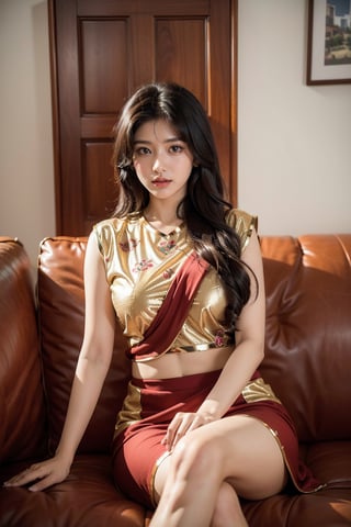 beautiful cute young attractive indian, village girl, 28 years old, cute, Instagram model, long black_hair, colorful hair, warm, dacing, in home sit at sofa, indian, wearing Indian traditional clothes hand full of mahindi