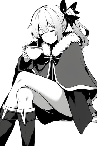 1girl, monochrome, greyscale, solo, cup, drinking, closed_eyes, sitting, crossed_legs, teacup, boots, ribbon, hair_ribbon, long_sleeves, holding_cup, capelet, side_ponytail, white_background, simple_background, fur_trim, invisible_chair, holding