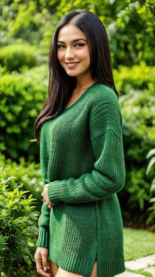 A serene shot of the lovely Indian model standing amidst lush greenery in a picturesque garden, framed from the waist up to highlight her toned physique clad in a vibrant green sweater that complements her dark locks. Her long black hair cascades down her back like a waterfall, with gentle strands framing her heart-shaped face. A soft focus and natural lighting accentuate her warm smile, exuding approachability as she strikes a confident pose amidst the tranquil garden surroundings.