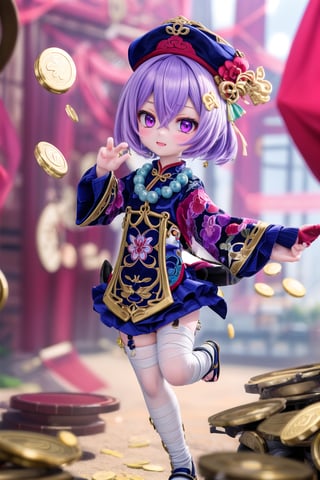 (full body of Qiqi_impact), 1girl, solo_female, purple eyes, full_body, purple headwear, hat, purple hair, hair between eyes, better hands, flat_background, chinese clothes, bandaged leg, bead necklace, coin hair ornament, dress, white thighhighs, blurry_background, outdoors, cheeky and sweet,