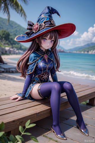 Mona_Impact, full_body, beautiful 25 years old girl, blurry_background, witch hat, sitting on beach