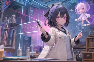 In a vibrant pink and blue hue-drenched frame, Little Hotafodef and Little Clorinde, dressed in matching lab coats, strike a pose reminiscent of Pinky and the Brain. Hotafodef's goofy grin radiates across her face, while Clorinde's eyes gleam with genius-level intensity. The cityscape background recedes into distance, with a giant globe and scientific instruments scattered about. Little Hotafodef and Little Clorinde grasp a miniature world map, their paws poised as if plotting their next diabolical scheme amidst the colorful chaos. (masterpiece), best quality, HDR, 32k UHD, Ultra realistic, highres, highly detailed, ultra_hd, high resolution, ultra_detailed, hyper realistic, extemely detailed background, detailed_background, complex_background, depth_of_field, extremely detailed and complex,