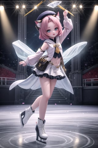 Full-body shot of Dionadef, the 'Ice Princess', standing tall in a flowing white costume, her long limbs and slender physique accentuated by the bright lights illuminating the skating rink. Her arms are stretched out to the sides, one hand grasping an imaginary bouquet of flowers, while her eyes sparkle like diamonds under the gleaming ice. (masterpiece), best quality, HDR, 32k UHD, Ultra realistic, highres, highly detailed, ultra_hd, high resolution, ultra_detailed, hyper realistic, extemely detailed background, detailed_background, complex_background, depth_of_field, extremely detailed and complex, realistic,