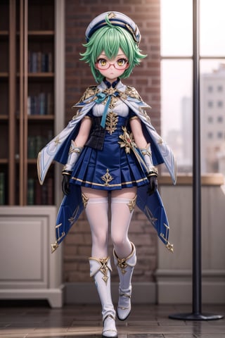 1girl, solo_female, (full body view of Saccharose), yellow eyes, glasses, low ponytail, green hair, multicolored hair, blush, 1girl, solo_female, blurry_background, view from straight above, hat, cape, semi-rimless eyewear, short hair, glasses, black thighhighs, white footwear, gold trim, white gloves, white boots, black pantyhose, white boots, blurry_background, 23 years old,