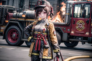 chiori, the fire chief, stands next to her fire engine in full firefighter uniform: helmet, coat, trousers and gloves. In her right hand she holds a fire hose, the camera captures her in full size, with the fire truck in the background, casting a warm light on her determined face. show yourself to me in full firefighter uniform