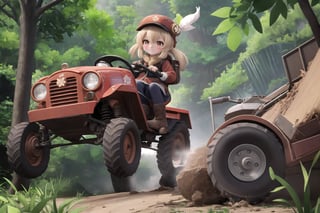 In a whimsical tableau, Klee, with a mischievous smile, takes the controls of an ultra-fast high-tech tractor amidst the lush foliage of Teyvat, its path marked by a trail of destruction. The low angle of the camera emphasizes the tractor's robust construction and Klee's petite stature. Soft, golden light illuminates the juxtaposition between the industrial behemoth and Klee's disheveled exterior, which brings out her scrappy spirit to the fullest.