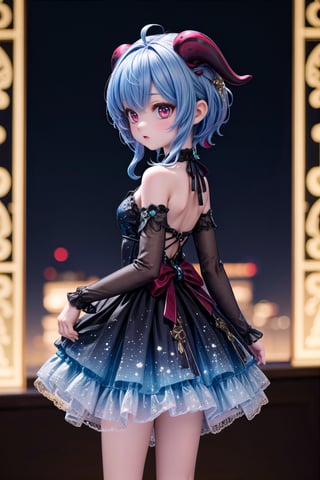 1girl, solo_female, full body view of Ganyu_Impact, horns, blue hair, show me your beautiful alternate costume, blurry_background, HDR, 32k UHD, insane detailed, bright blue dress, multicolored dress, black dress, blue dress, show me your back,