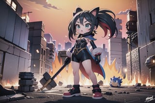 Against a backdrop of ravaged Looney Island, little Monadef and Sonic the Hedgehog stand defiant, their dark silhouettes etched against a fiery orange sky ablaze with destruction. The desolate landscape stretches before them, a barren expanse of charred ruins and twisted metal. Monadef's unwavering determination contrasts starkly with the devastation, her gaze fixed on some distant point. Sonic the Hedgehog stands by her side, his blue spikes and red shoes a vivid splash against the dull gray stone. Every detail of their forms is rendered in stunning 32K UHD, as if they might step out of the frame at any moment.