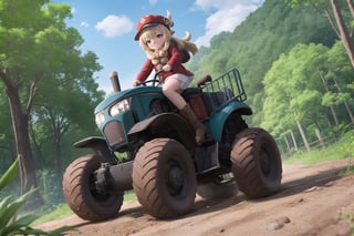 A playful scene unfolds as the cheeky little girl Klee, with a cheeky grin on her face, steers a state-of-the-art ultra-fast tractor with awkward determination amidst the lush greenery in Teyvat's world of Genshin Impact. Behind the tractor, a trail of devastation. The camera captures it from a low angle, emphasizing the tractor's sturdy construction and Klee's petite figure. Soft, warm light bathes the scene, highlighting the contrast between the industrial power of the machine and Klee's scruffy appearance.