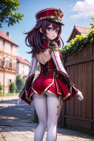 (full body view of Chevreuse_Impact), 1girl, solo_female, dynamic pose, 23 years old girl, outdoor, purple_hair, blurry_background, hat, show me your back,