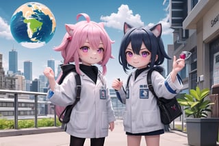 Vibrant pink and blue hues dominate the frame as Little Hotafodef and Little Clorinde, dressed in matching lab coats, pose like Pinky and the Brain. Pinky's (Hotafodef) goofy grin stretches across her face, while Brain's (Clorinde) eyes gleam with genius-level intensity. A cityscape background fades into the distance, with a giant globe and scientific instruments scattered about. The dynamic duo's paws grasp a miniature world map, as if plotting their next diabolical scheme.