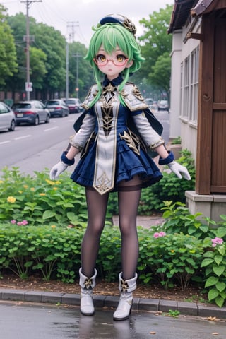 1girl, solo_female, (full body view of Saccharose), yellow eyes, glasses, low ponytail, green hair, multicolored hair, blush, 1girl, solo_female, Sucrose Style, outdoors, blurry_background, view from straight above, hat, cape, semi-rimless eyewear, short hair, glasses, black thighhighs, white footwear, gold trim, white gloves, white boots, black pantyhose, white boots, in Mondstadt,