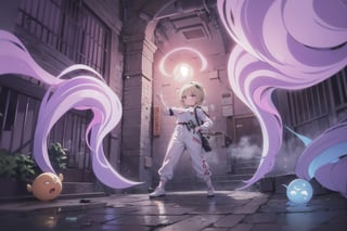 Lumine_genshin, donning a Ghostbusters jumpsuit with proton pack and ghost trap at the ready, stands confidently in a misty, neon-lit alleyway. The dark walls seem to glow from within, casting an eerie blue haze. A swirling vortex of purple and pink smoke rises from the ground, as if summoned by her equipment. Lumine_genshin's pose is strong and assertive, with one hand resting on the proton pack's handle and the other grasping a ghostly orb. The camera captures this action-packed scene in a 2/3 rule composition, with the subject placed off-center for maximum drama.