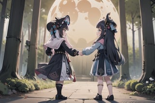 In this hauntingly beautiful scene, little Yunjindef and Niloudef, two 12-year-old girls, stand united in the dark epic forest, where the whispers of werewolves echo through the trees. The faint luminescence emanating from their hands casts an otherworldly glow on their determined faces. The somber moon hangs low, its long shadow stretching across the landscape as the girls hesitate at the threshold of adventure and danger. Treasure lies hidden amidst the lurking shadows, waiting to be uncovered by these brave young explorers.