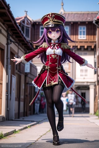 (full body view of Chevreuse_Impact), 1girl, solo_female, dynamic pose, 23 years old girl, outdoor, purple_hair, blurry_background, hat,