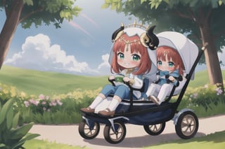 whimsical scene: Little (full body view of Niloudef) rides through the lush landscape of Teyvat in a state-of-the-art Formula 1-style high-speed stroller powered by a Formula 1 engine, putting on a mischievous expression. The warm sunlight casts a golden glow on her cheeky pose and grin as she drives past the viewer. A cloud of dust trails behind her, emphasizing the speed of the fast baby carriage. Framed by bright shades of green and blue, Niloudef's carefree joy radiates from the frame.