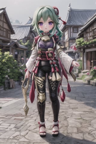 1girl, solo_female, purple eyes, green hair, Kuki Style, full body view, is located in Mondstadt, the City in Genshin Impact, cheeky and sweet, (masterpiece), best quality, HDR, 32k UHD, Ultra realistic, highres, highly detailed, ultra_hd, high resolution, ultra_detailed, hyper realistic, extemely detailed background, detailed_background, complex_background, depth_of_field, extremely detailed and complex,