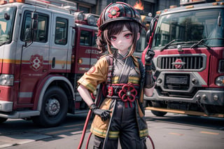 chiori, the fire chief, stands next to her fire engine in full firefighter uniform: helmet, coat, trousers and gloves. In her right hand she holds a fire hose, the camera captures her in full size, with the fire truck in the background, casting a warm light on her determined face. show yourself to me in full firefighter uniform