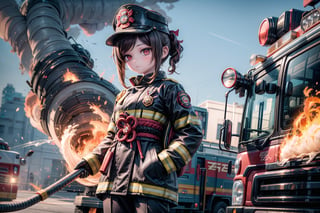 chiori, the fire chief, stands next to her fire engine in full firefighter uniform: helmet, coat, trousers and gloves. In her right hand she holds a fire hose, the camera captures her in full size, with the fire truck in the background, casting a warm light on her determined face. show yourself to me in full firefighter uniform