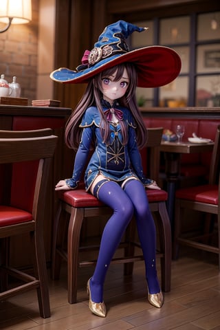 Mona_Impact, full_body, beautiful 25 years old girl, blurry_background, witch hat, sitting in a restaurant,