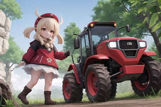 In a whimsical tableau, Klee, her mischievous smile gleaming, grasps the controls of a high-tech ultralight tractor amidst lush Teyvat foliage, its path marked by a trail of destruction. The camera's low vantage point emphasizes the vehicle's robust build and Klee's diminutive stature. Soft, golden light illuminates the juxtaposition between the industrial behemoth and Klee's tousled appearance, her scrappy spirit on full display.