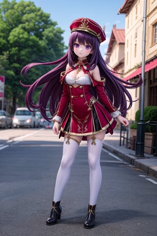 (full body view of Chevreuse_Impact), 1girl, solo_female, dynamic pose, 23 years old girl, outdoor, blurry_background, hat, show me your back, purple_hair, very long hair,