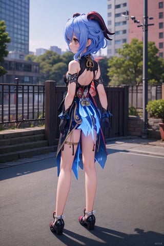 (full body view of Ganyu_Impact), outdoor, show me your back,