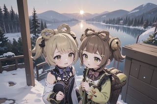 Fischldef and Yaoyaodef embark on a majestic joint excursion amidst the snow-capped mountains. In a breathtakingly beautiful scene, Fischldef and Yaoyaodef stand at the edge of a tranquil lake, surrounded by towering trees and a mesmerizing backdrop of undulating hills and misty valleys. The sunlight casts a warm glow, accentuating the textures of their attire and the rugged terrain. The depth of field is stunning, with the subjects sharp and in focus while the background blurs into an intricate tapestry of colors and patterns.