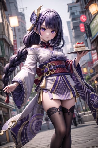 (full body view of raidenshogundef), 1girl, solo_female, 23 years old girl, stands in Inazuma, the city in genshin impact and holding a piece of cake with a lighted candle on it, 