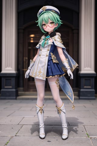 1girl, solo_female, (full body view of Saccharose), yellow eyes, glasses, low ponytail, green hair, multicolored hair, blush, 1girl, solo_female, Sucrose Style, outdoors, blurry_background, view from straight above, hat, cape, semi-rimless eyewear, short hair, glasses, black thighhighs, white footwear, gold trim, white gloves, white boots, black pantyhose, white boots, blurry_background, 23 years old,