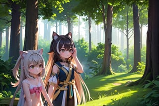 In a whimsical fairytale forest, bathed in soft, warm sunlight filtering through the canopy above, Chevreuse and kiraragenshin stand side by side, their figures rendered in exquisite detail. The lush foliage surrounding them appears almost palpable, with intricate textures and subtle depth cues creating an immersive atmosphere. A faint mist hangs in the air, casting a mystical veil over the scene as the two subjects pose confidently, their faces aglow with wonder and discovery.