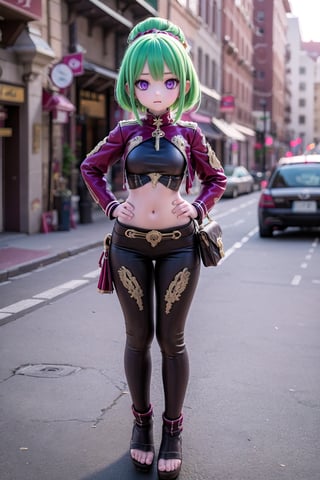 (full body view of KukiS), purple eyes, green hair, 1girl, solo_female, HDR, 32k UHD, insane detailed, 23 years old woman, blurry_background, stomach,