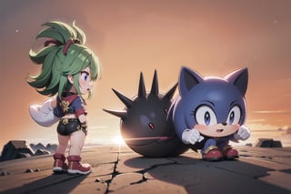 Against the backdrop of the beautiful island of Looney, kukishinobudef and Sonic the Hedgehog stand defiant, their dark silhouettes etched against a orange sky. Sonic the Hedgehog stands by her side, his blue spikes and red shoes a vivid splash against the dull gray stone. Every detail of their forms is rendered in stunning 32K UHD, as if they might step out of the frame at any moment.  ,
