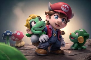 Wriothesley's Mario and Neuvillette's Luigi stand heroically back-to-back, (masterpiece), best quality, HDR, 32k UHD, Ultra realistic, highres, highly detailed, ultra_hd, high resolution, ultra_detailed, hyper realistic, extemely detailed background, detailed_background, complex_background, depth_of_field, extremely detailed and complex, outdoor, creating an atmosphere in (Mushroom Kingdom), creating an atmosphere at (Mushroom Kingdom), show me yourself with your friends (Daisy), (Yoshi), (Toad), (Princess Peach),