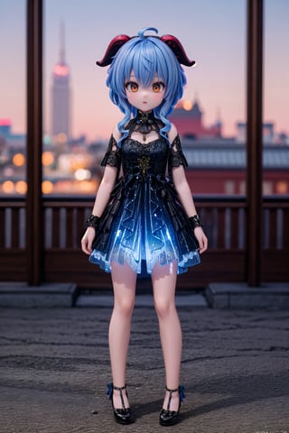1girl, solo_female, full body view of Ganyu_Impact, horns, blue hair, bell, outdoors, show me your beautiful alternate costume, blurry_background, HDR, 32k UHD, insane detailed, bright blue dress, ahoge, backside, show me your backside,