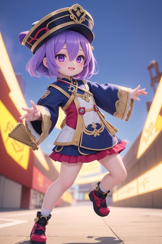 (full body of Qiqi_impact), 1girl, solo_female, purple eyes, hat, purple hair, hair between eyes, better hands, flat_background, blurry_background, outdoor, smile, Qiqi Style, HDR, 32k UHD, insane detailed,
