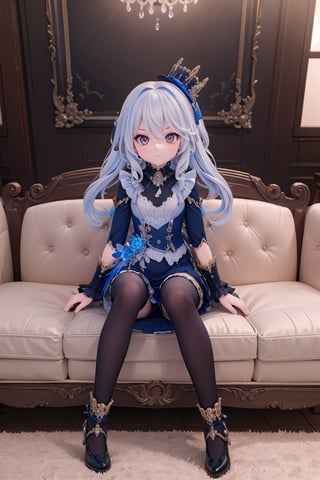 (full body view of Furina_Impact), indoors, sitting on couch, HDR, 32k UHD, insane detailed,